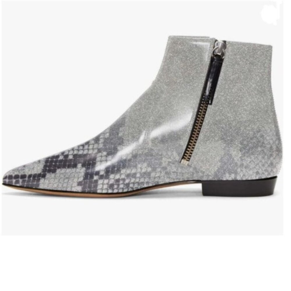 XYD Silver Snakeskin Pointed Toe Ankle Boots Low Heel Double Side Zipper Boot
